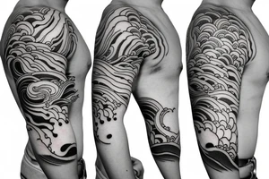 Japanese cherry blossom sleeve with waves and smoke anime style tattoo idea