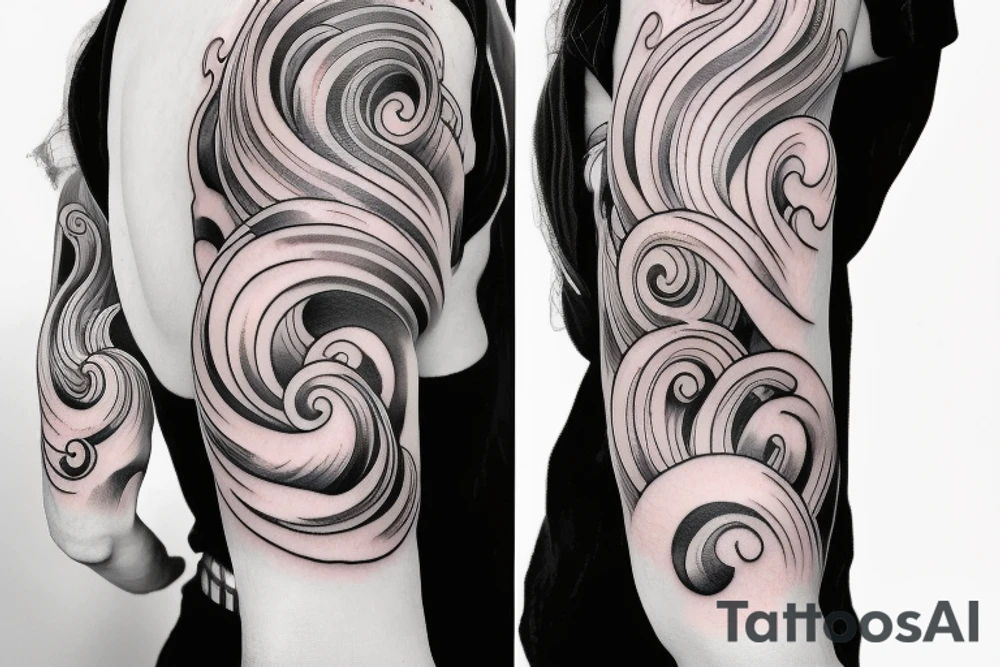 Japanese cherry blossom sleeve with waves and smoke anime style tattoo idea