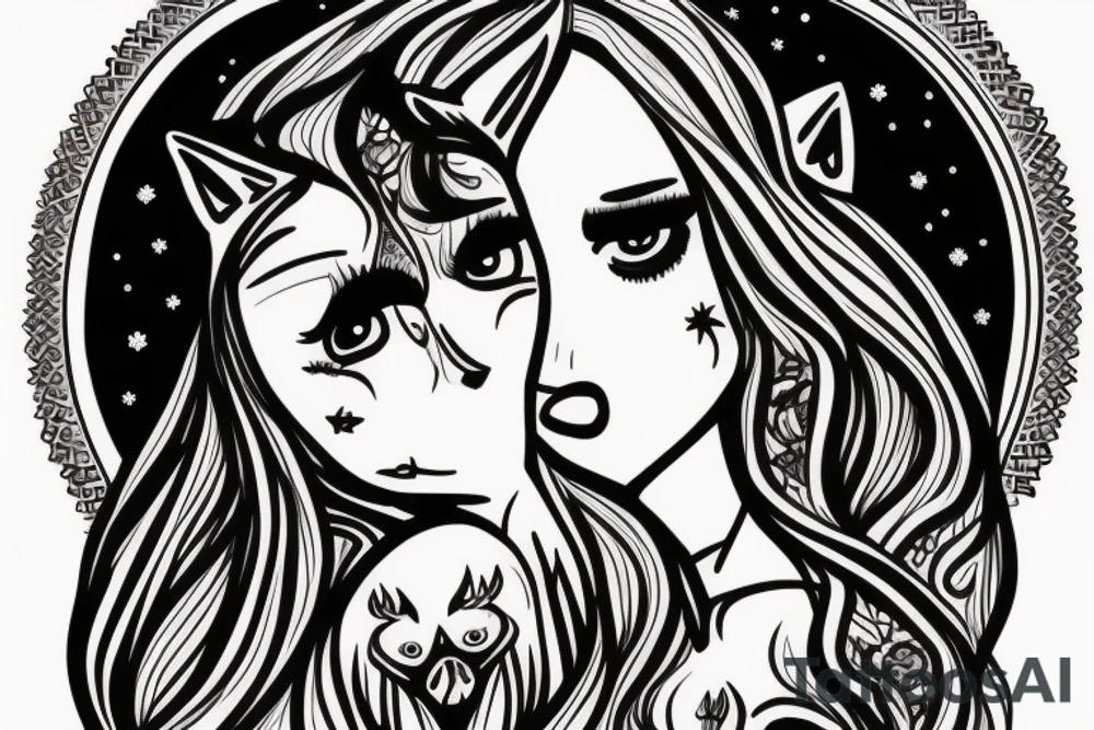 Sad girl with a strong wolf on back, moon and something written in arabic tattoo idea