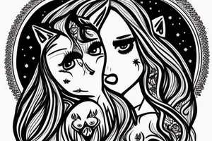 Sad girl with a strong wolf on back, moon and something written in arabic tattoo idea