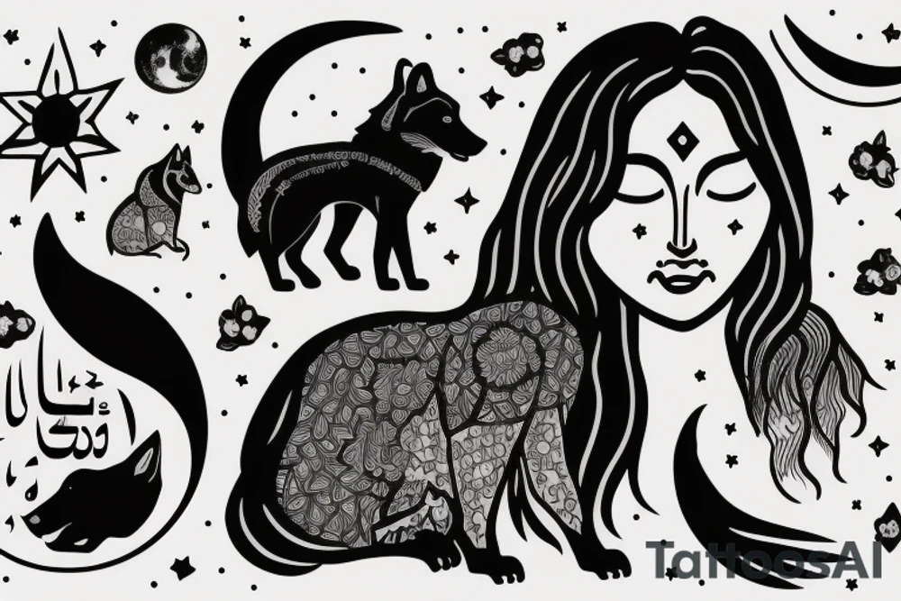 Sad girl with a strong wolf on back, moon and something written in arabic tattoo idea