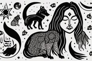 Sad girl with a strong wolf on back, moon and something written in arabic tattoo idea