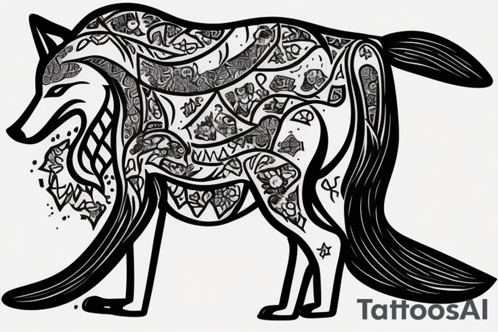 Sad girl with a strong wolf on back, moon and something written in arabic tattoo idea