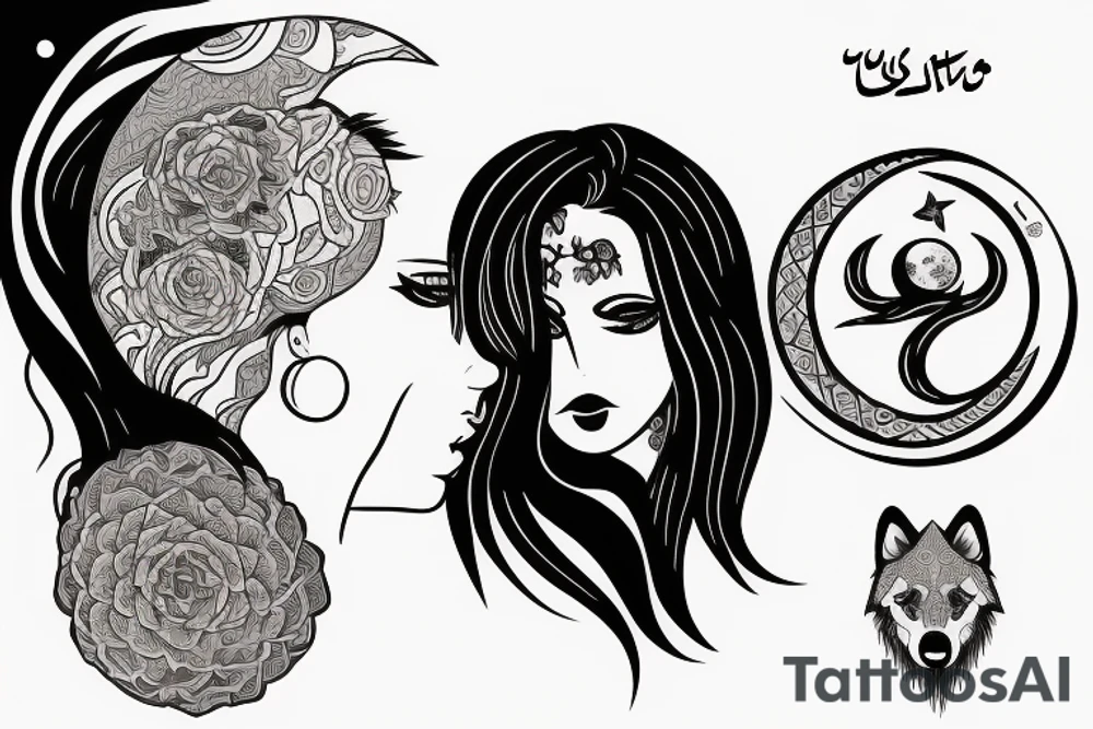 Sad girl with a strong wolf on back, moon and something written in arabic tattoo idea