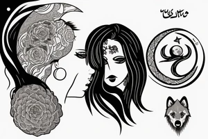 Sad girl with a strong wolf on back, moon and something written in arabic tattoo idea