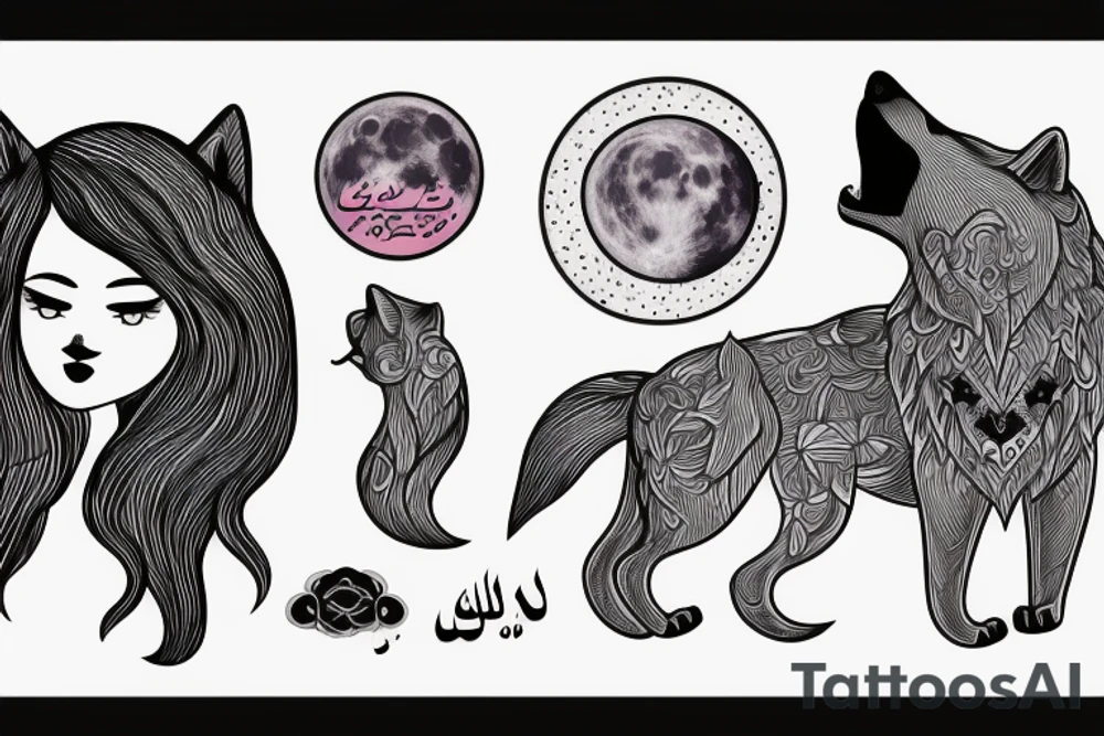 Sad girl with a strong wolf on back, moon and something written in arabic tattoo idea