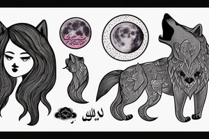 Sad girl with a strong wolf on back, moon and something written in arabic tattoo idea