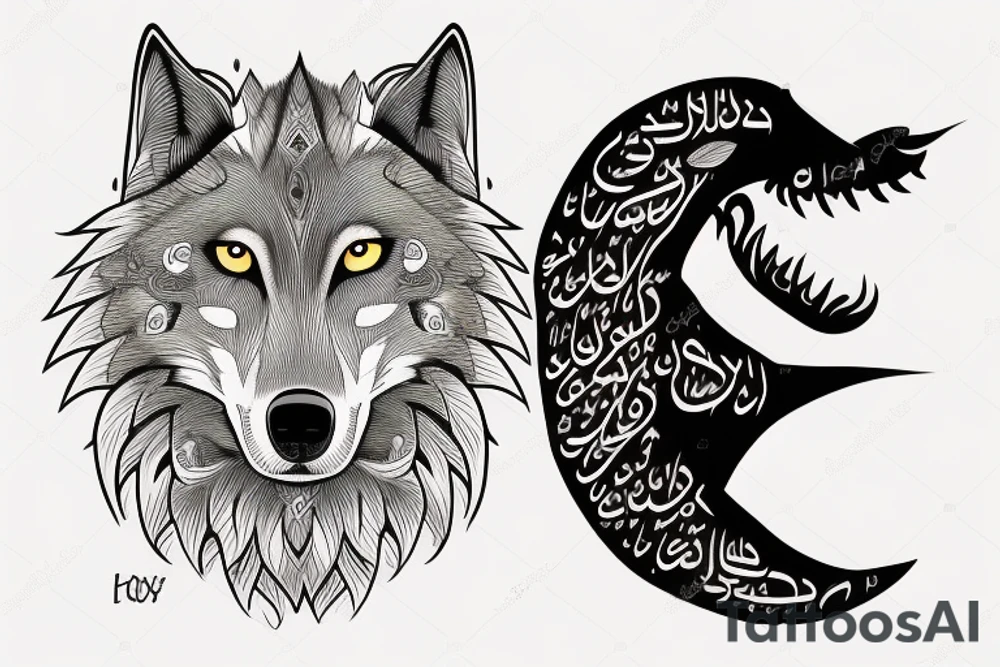 Half woman half wolf, moon and something written in arabic tattoo idea