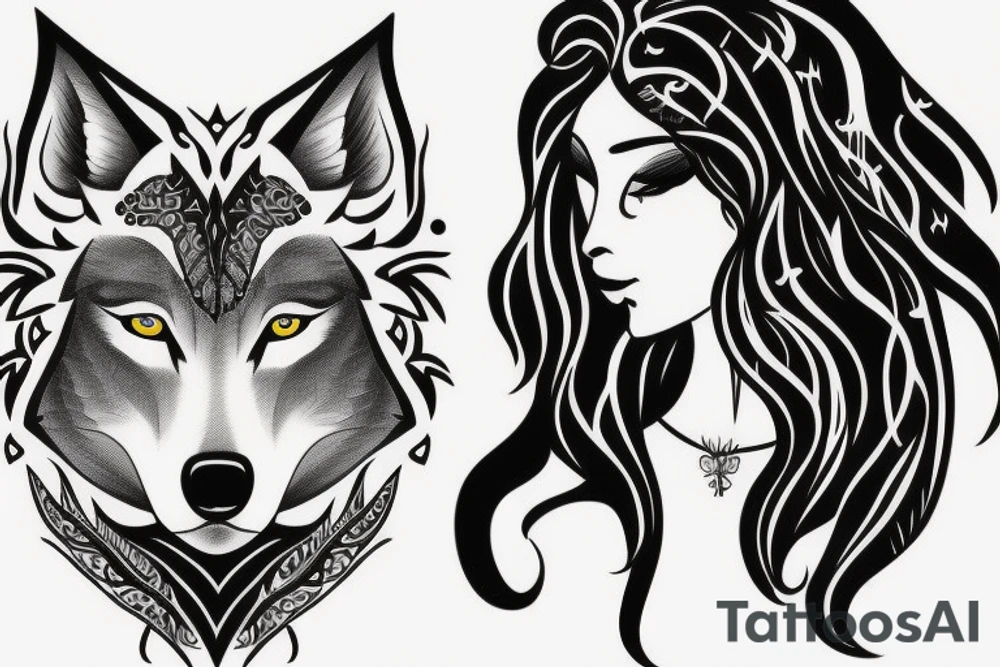 Half woman half wolf, moon and something written in arabic tattoo idea