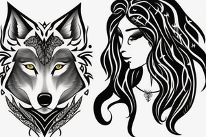 Half woman half wolf, moon and something written in arabic tattoo idea
