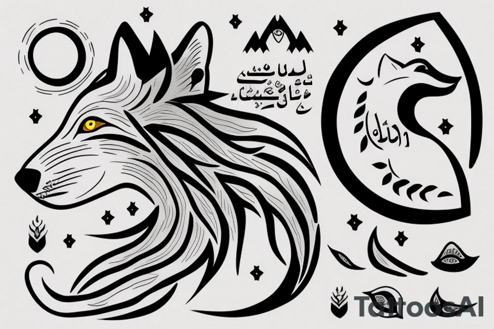 Half woman half wolf, moon and something written in arabic tattoo idea