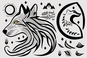 Half woman half wolf, moon and something written in arabic tattoo idea