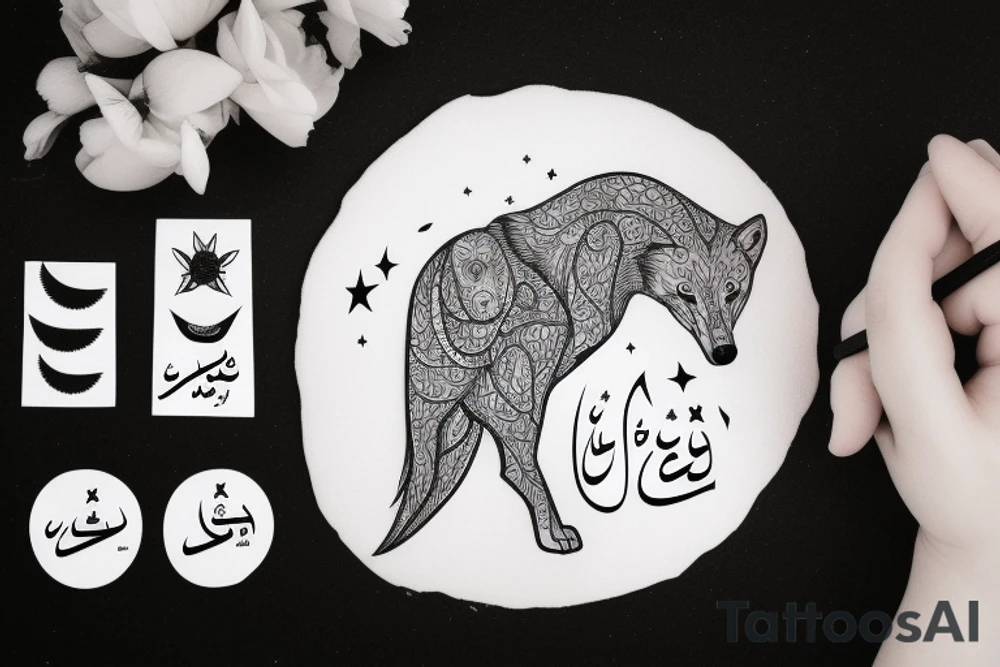 Half woman half wolf, moon and something written in arabic tattoo idea