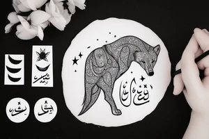 Half woman half wolf, moon and something written in arabic tattoo idea