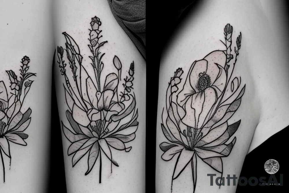 A single Columbine flower next to a Bluebonnet flower and a bitterroot flower tattoo idea