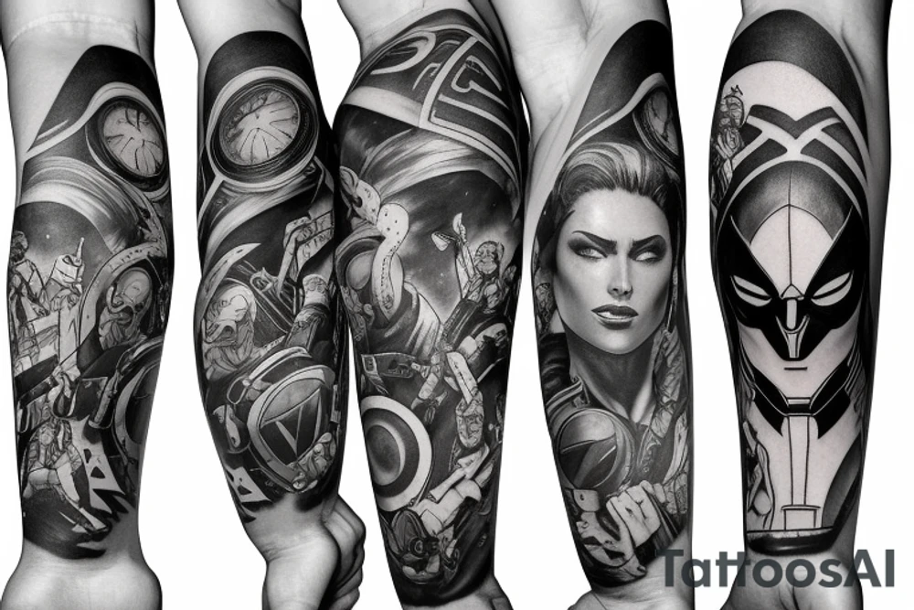 arm sleeve marvel super heroes and villans tattoo idea