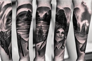 Outdoors and hunting arm sleeve tattoo idea