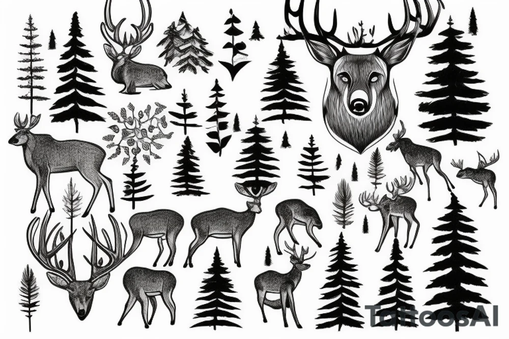 Outdoors deer bear elk moose wolf mountain trees fish tattoo idea