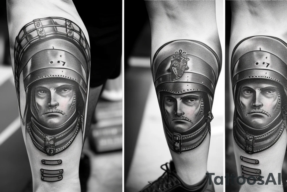 A leg sleeve of a roman soldier with a sword that has the number 1 16 on the helmet tattoo idea