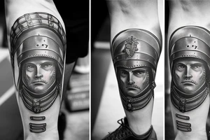 A leg sleeve of a roman soldier with a sword that has the number 1 16 on the helmet tattoo idea
