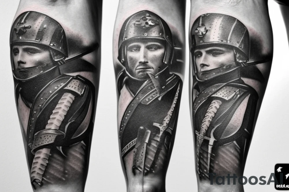 A leg sleeve of a roman soldier with a sword that has the number 1 16 on the helmet tattoo idea