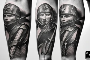 A leg sleeve of a roman soldier with a sword that has the number 1 16 on the helmet tattoo idea