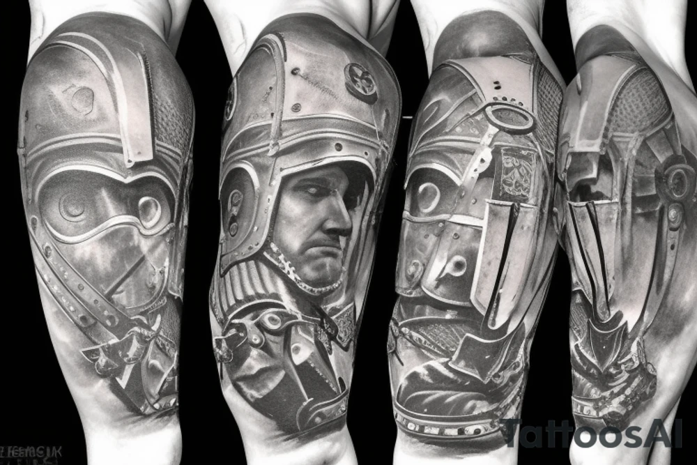 A leg sleeve of a side of a roman soldier with a sword that has the number 1 16 on the helmet tattoo idea