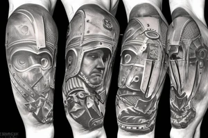 A leg sleeve of a side of a roman soldier with a sword that has the number 1 16 on the helmet tattoo idea