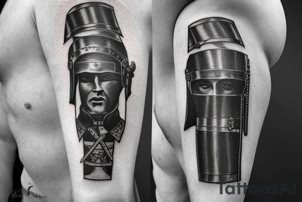 A leg sleeve of a side of a roman soldier with a sword that has the number 1 16 on the helmet tattoo idea