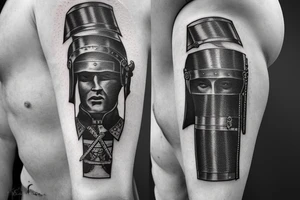 A leg sleeve of a side of a roman soldier with a sword that has the number 1 16 on the helmet tattoo idea