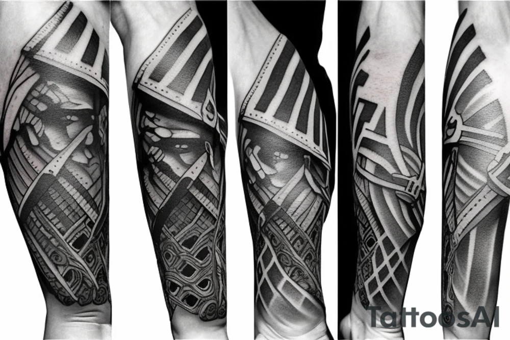 A leg sleeve of a side of a spartan 
with a sword that has the number 1 16 on the helmet tattoo idea