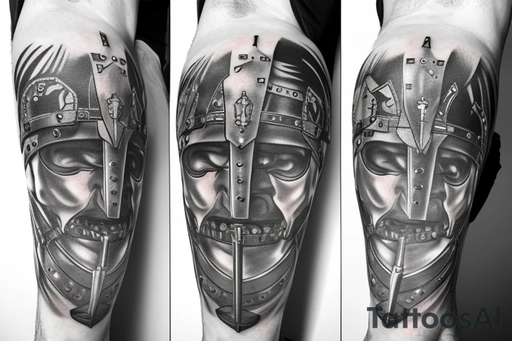 A leg sleeve of a side of a spartan 
with a sword that has the number 1 16 on the helmet tattoo idea