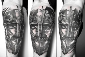 A leg sleeve of a side of a spartan 
with a sword that has the number 1 16 on the helmet tattoo idea