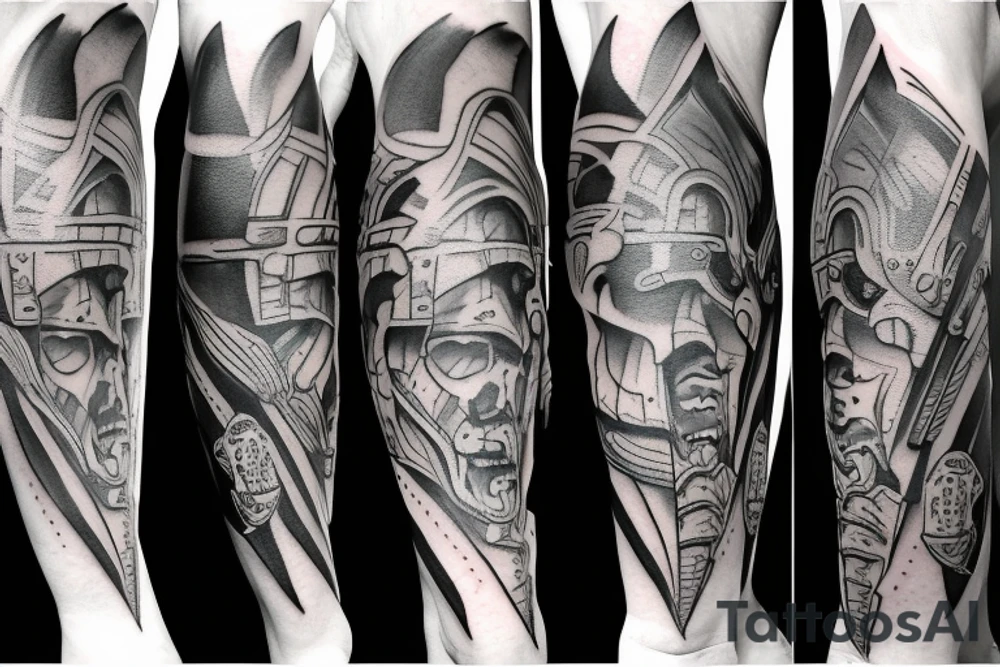 A leg sleeve of an epic spartan tattoo idea