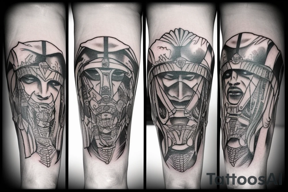 A leg sleeve of an epic spartan tattoo idea