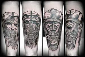 A leg sleeve of an epic spartan tattoo idea
