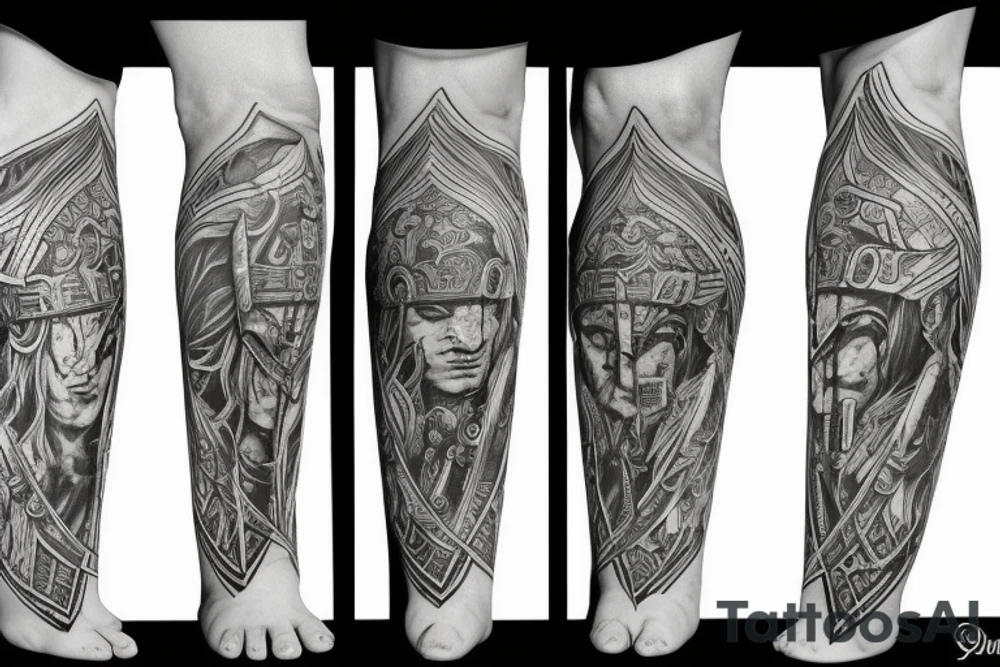 A leg sleeve of an epic spartan tattoo idea