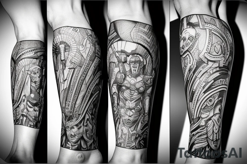 A leg sleeve of an epic spartan tattoo idea