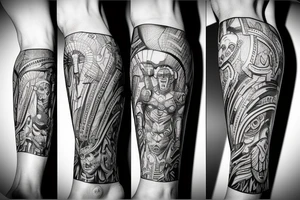 A leg sleeve of an epic spartan tattoo idea
