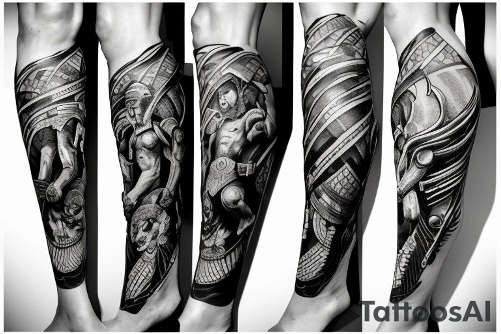A leg sleeve of an epic spartan tattoo idea