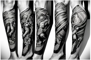 A leg sleeve of an epic spartan tattoo idea