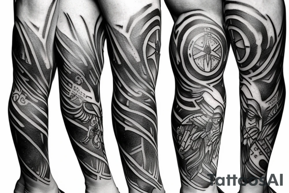 A leg sleeve of an epic spartan tattoo idea