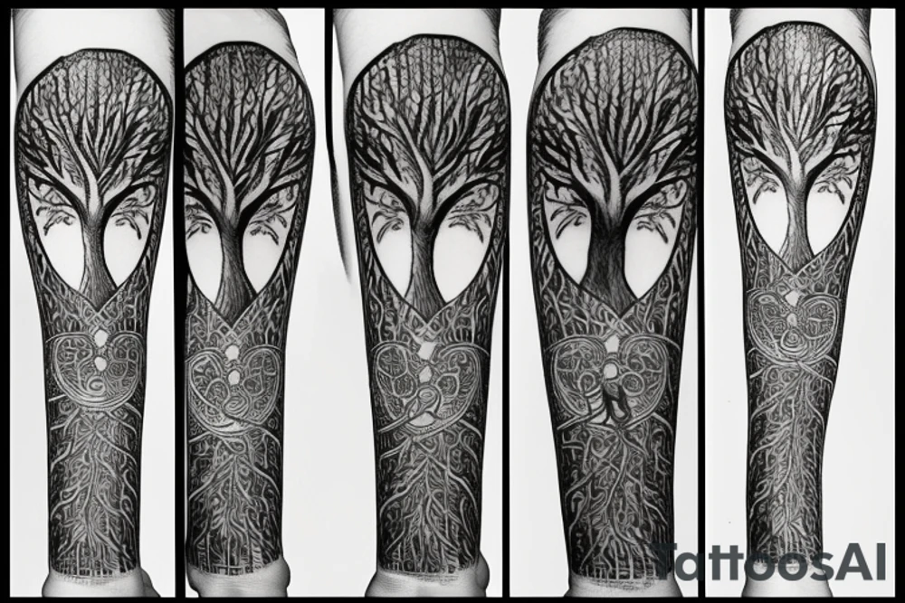 tree of life tattoo with 5 main branches and 3 mains roots, one of them bigger and deeper that ends in 2 roots tattoo idea