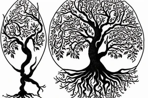 tree of life tattoo with 5 main branches and 3 mains roots, one of them bigger and deeper that ends in 2 roots tattoo idea