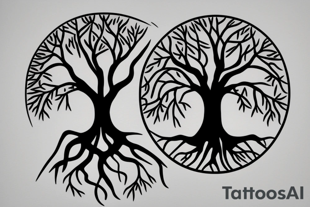 tree of life tattoo with 5 main branches and 3 mains roots, tattoo idea
