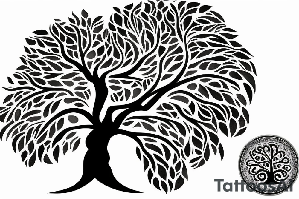 tree of life tattoo with 5 main branches and 3 mains roots, tattoo idea