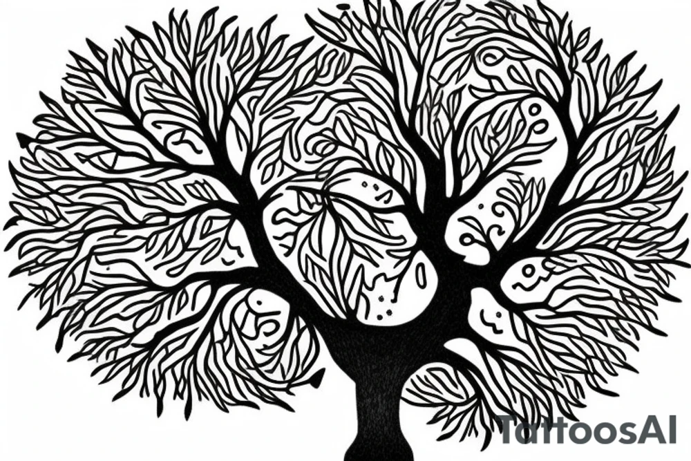 tree of life tattoo with 5 main branches and 3 mains roots, tattoo idea