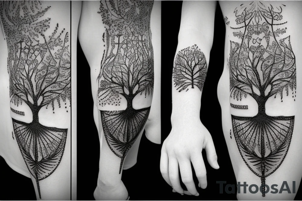 tree of life tattoo with 5 main branches and 3 mains roots, tattoo idea