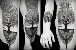 tree of life tattoo with 5 main branches and 3 mains roots, tattoo idea