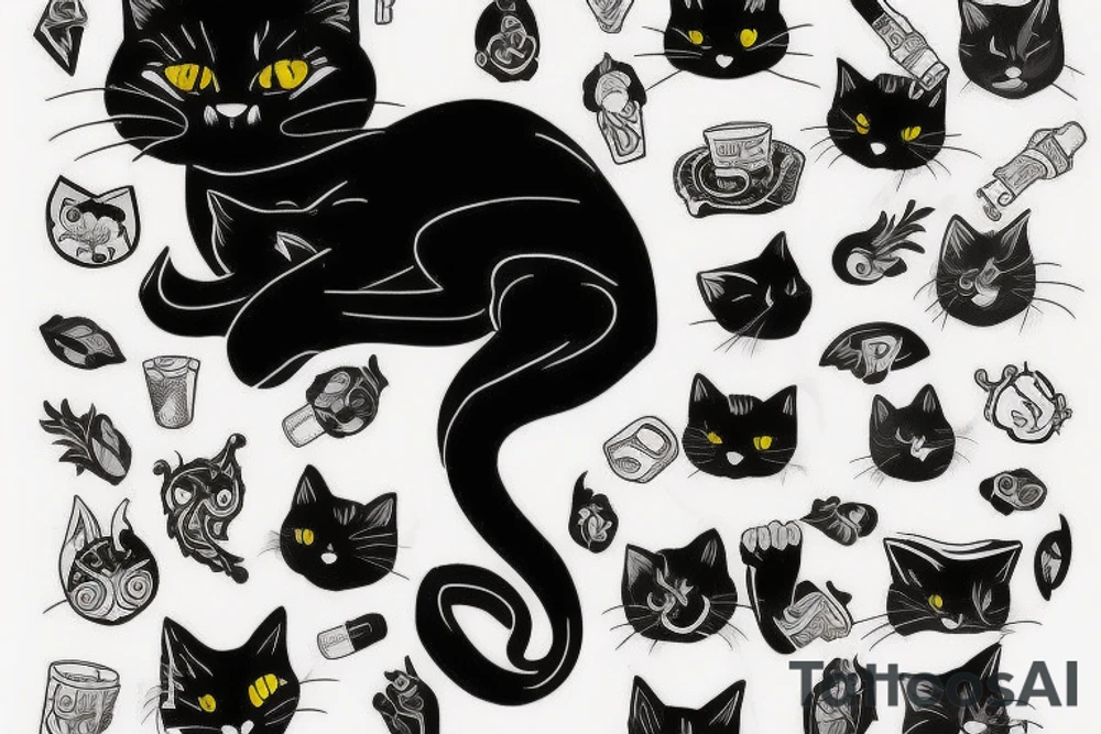 Black cat smoking a joint tattoo idea